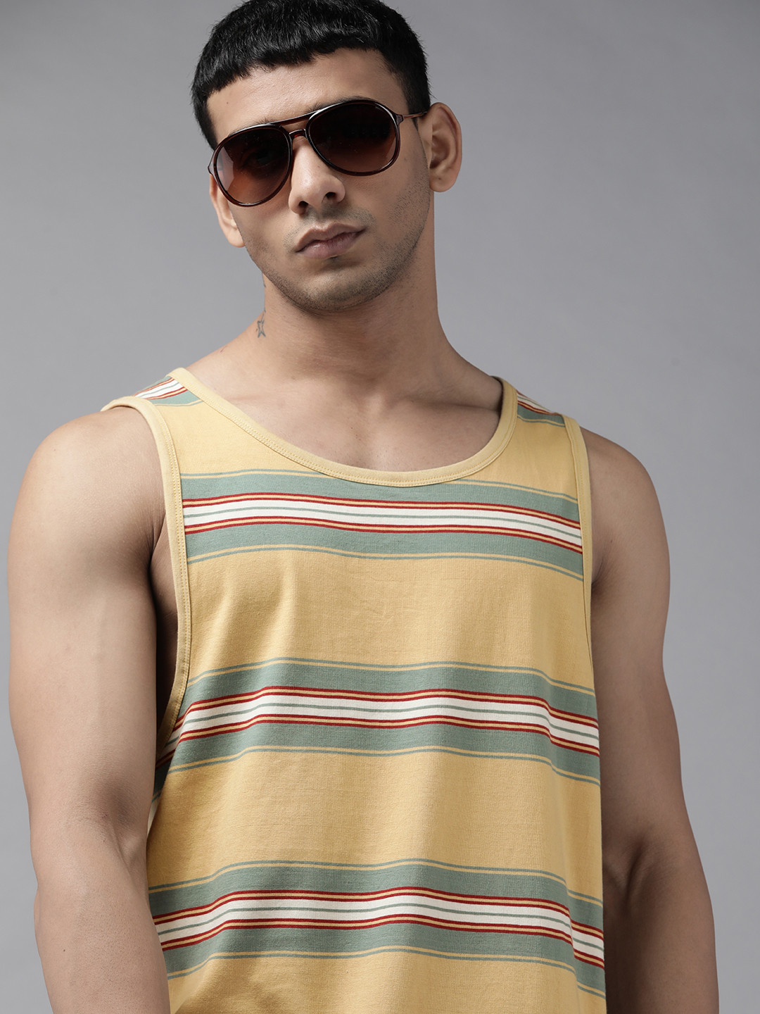 

Roadster Men Mustard Yellow & Sage Green Striped Pure Cotton T-shirt