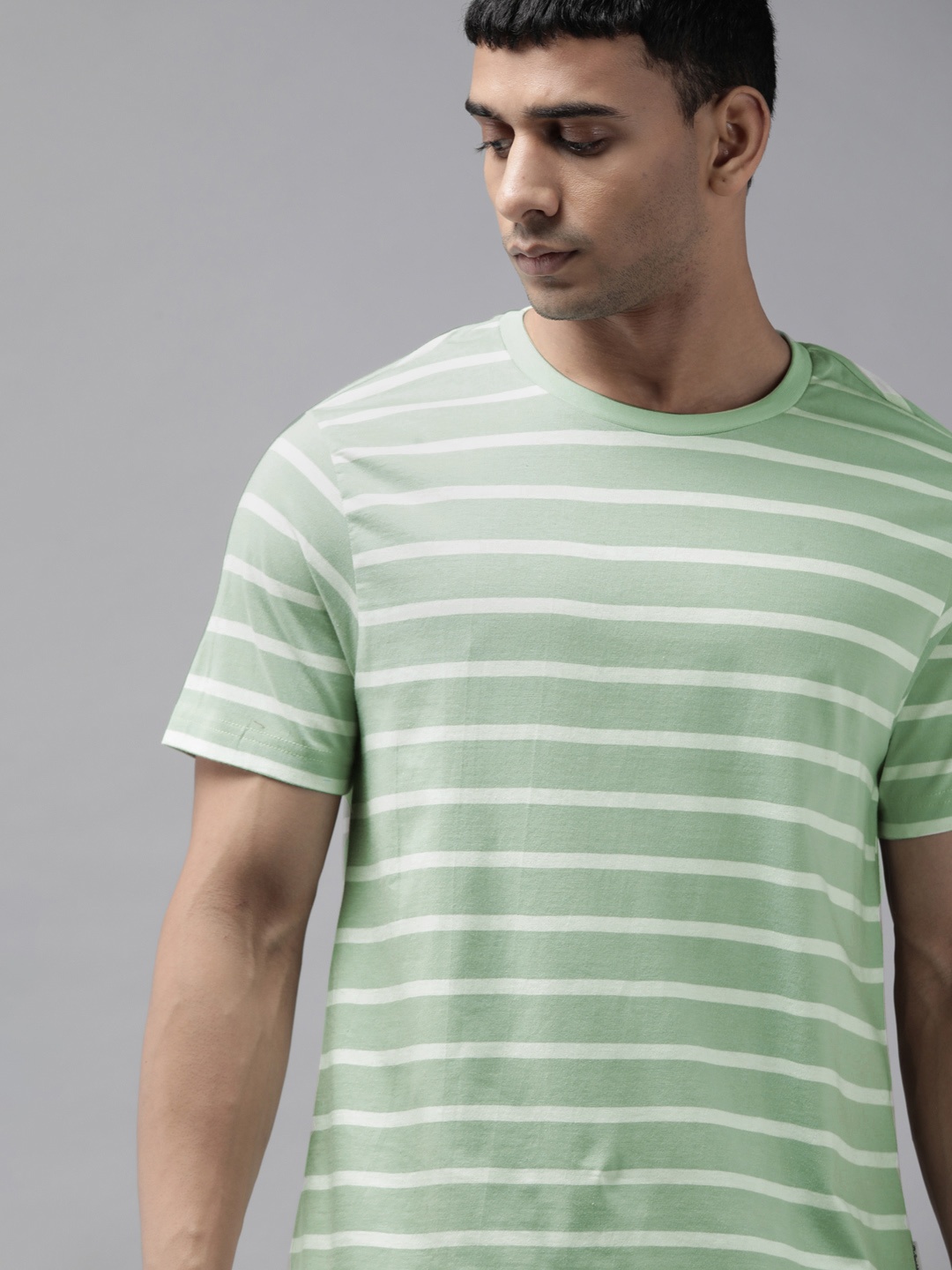 

Roadster Men Green & White Striped Pure Cotton T-shirt