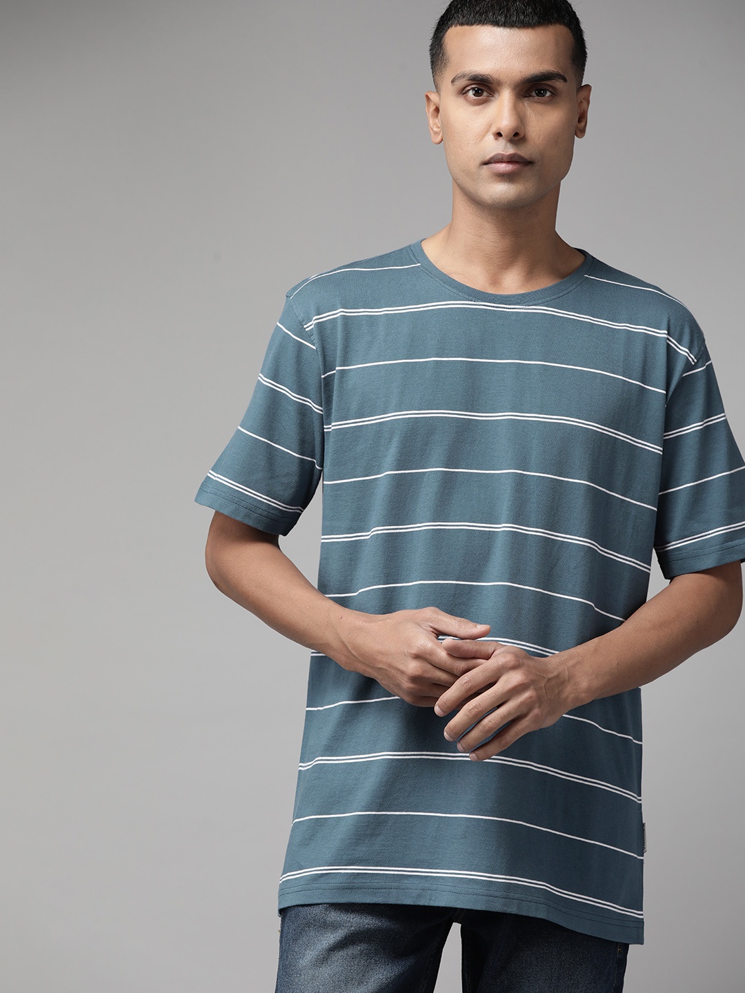 

Roadster Men Striped Pure Cotton T-shirt, Teal