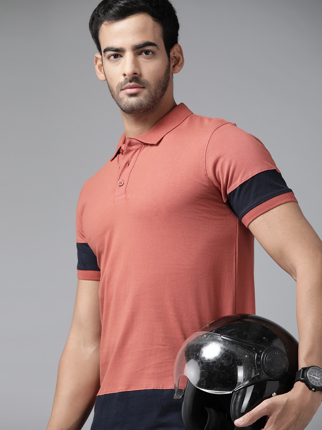 

Roadster Men Rust Red & Navy Blue Solid Pure Cotton Polo Collar T-shirt