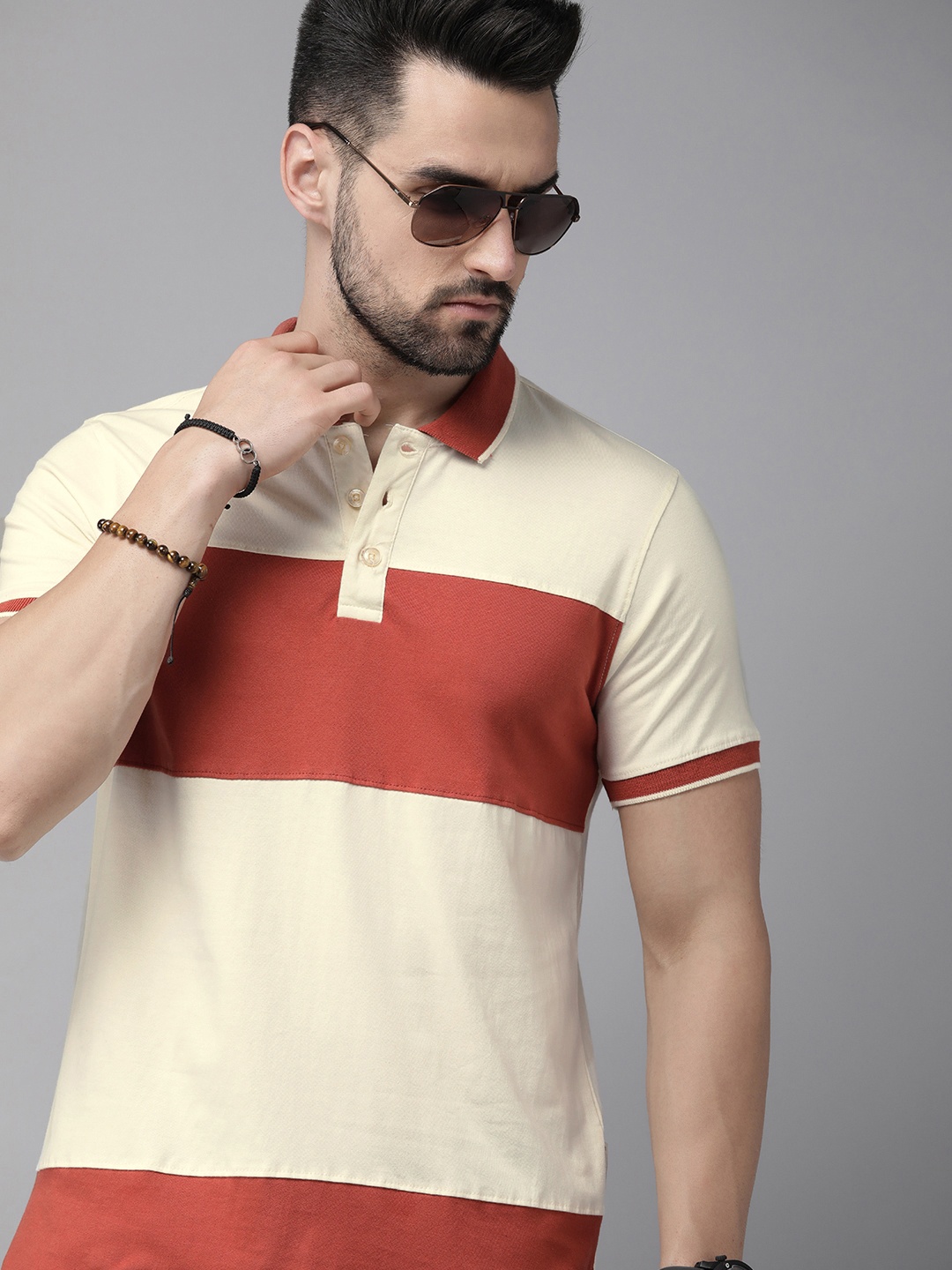 

Roadster Men Beige & Rust Orange Colourblocked Polo Collar Pure Cotton T-shirt