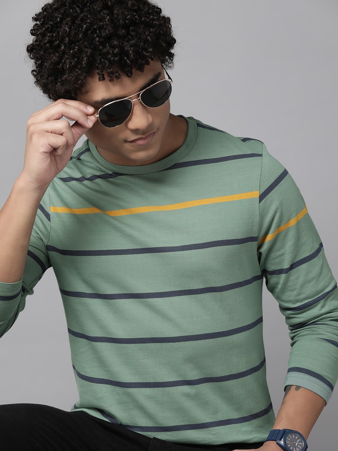 

The Roadster Lifestyle Co. Men Sage Green Striped Cotton T-shirt