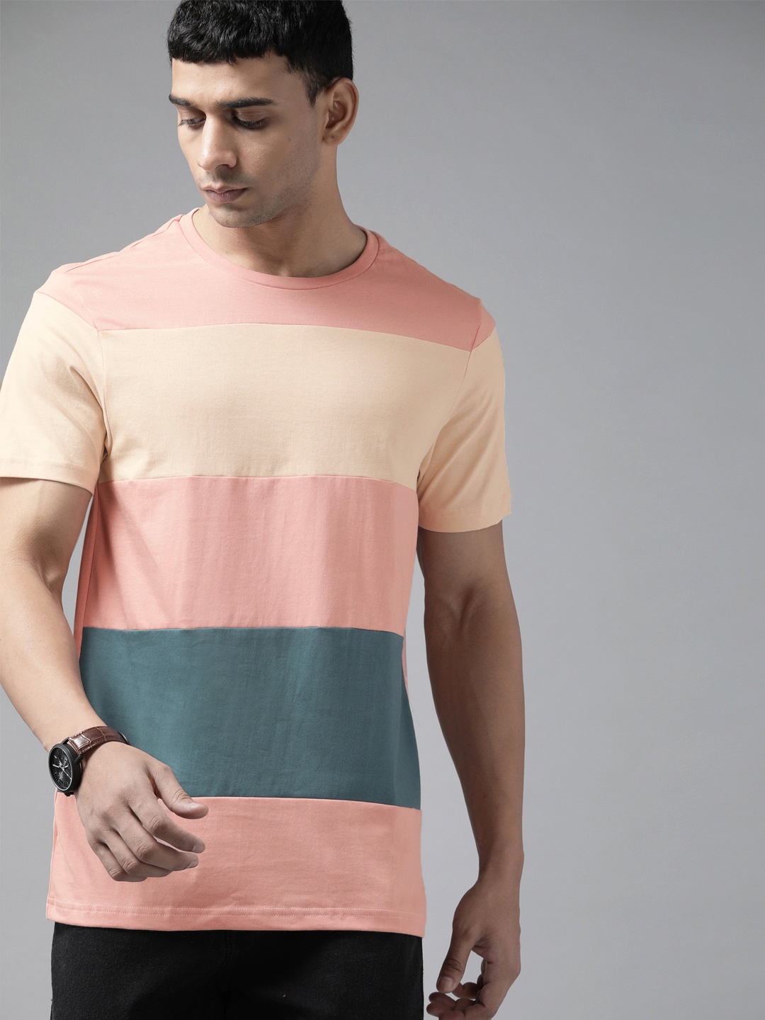 

Roadster Men Pink & Beige Colourblocked Pure Cotton T-shirt