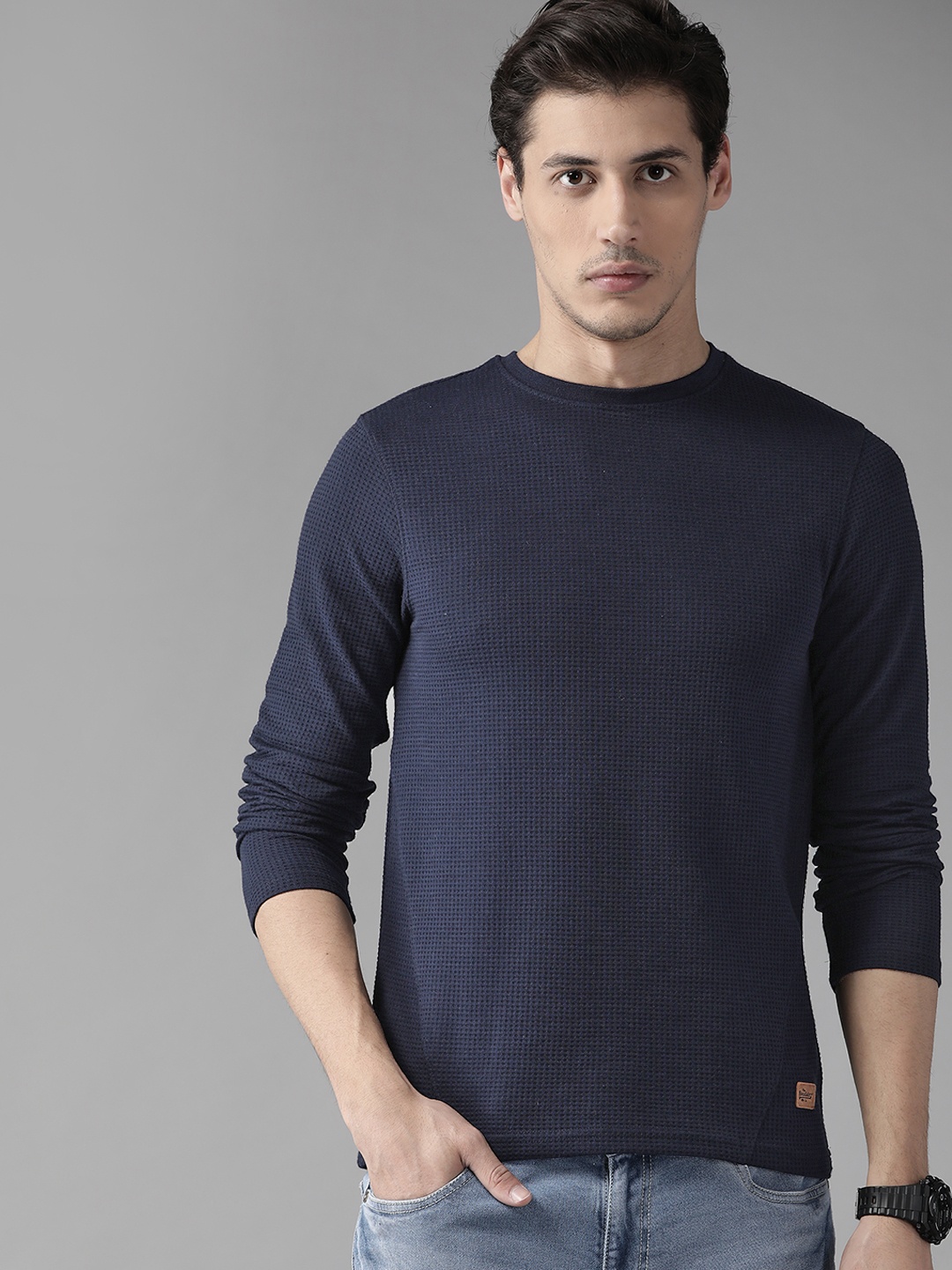 

The Roadster Lifestyle Co Men Navy Blue Waffle Texture T-shirt