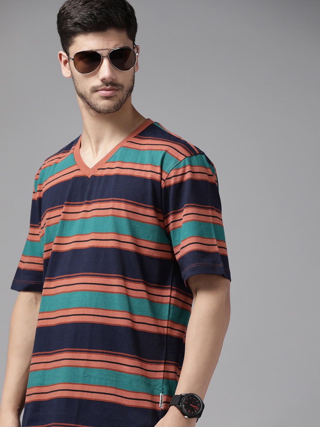 

The Roadster Lifestyle Co. Striped V-Neck Pure Cotton T-shirt, Rust