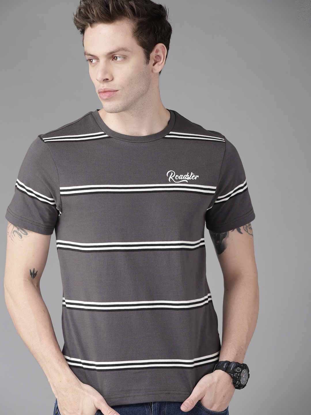 

Roadster Men Charcoal Black & White Striped Pure Cotton T-shirt
