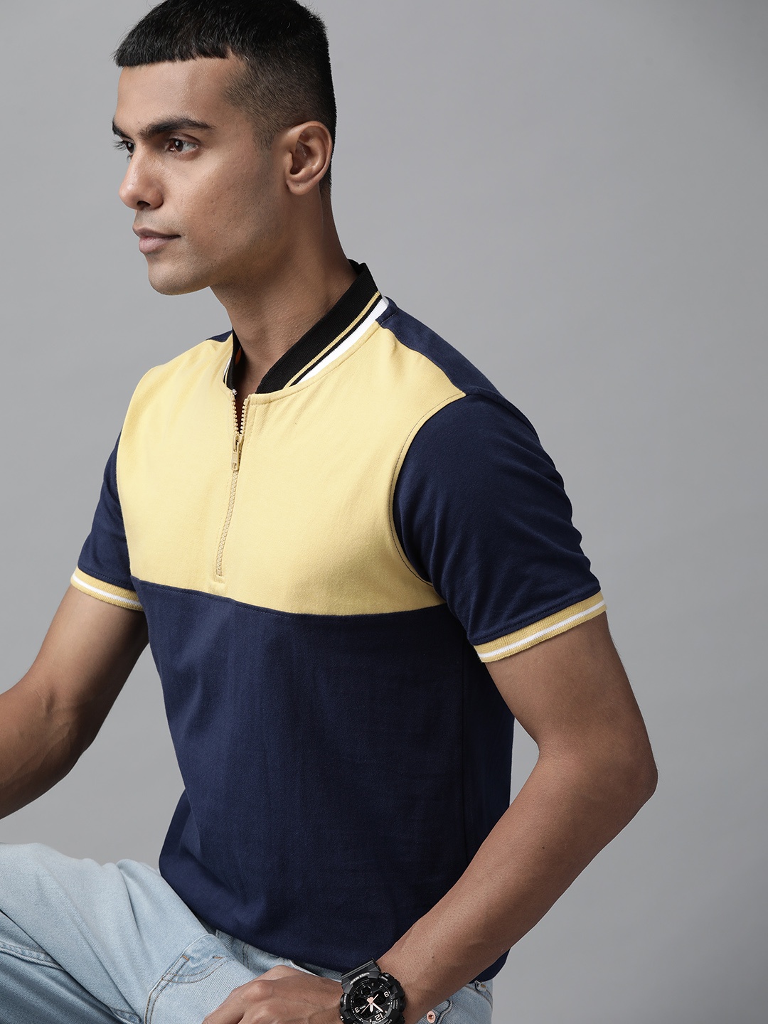 

Roadster Men Navy Blue & Yellow Colourblocked Polo Collar Layered Sleeves Pure Cotton T-shirt