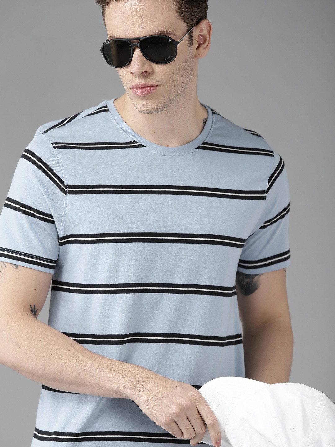 

Roadster Men Blue & Black Striped Pure Cotton T-shirt