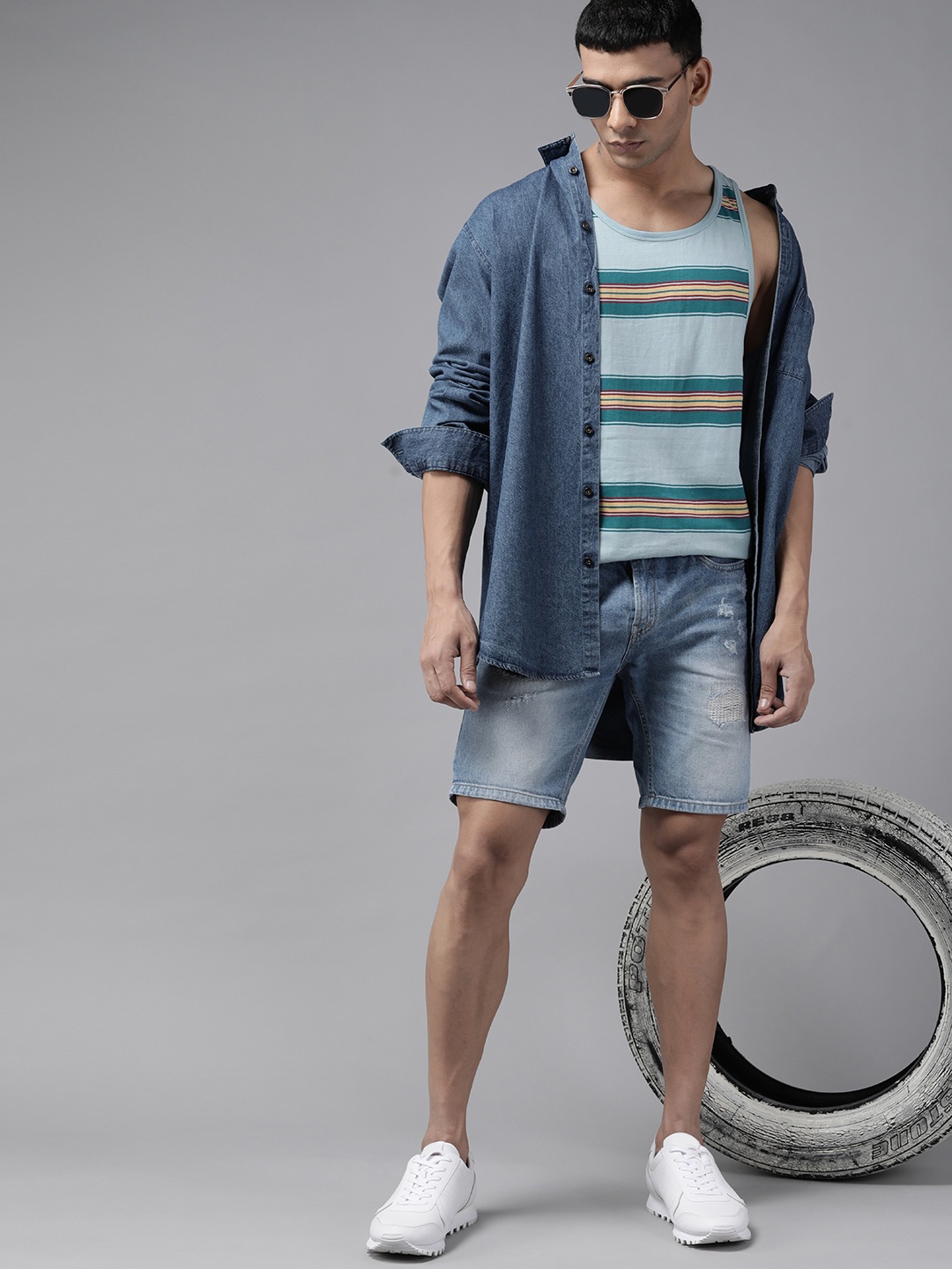 

Roadster Men Blue & Yellow Striped Pure Cotton T-shirt