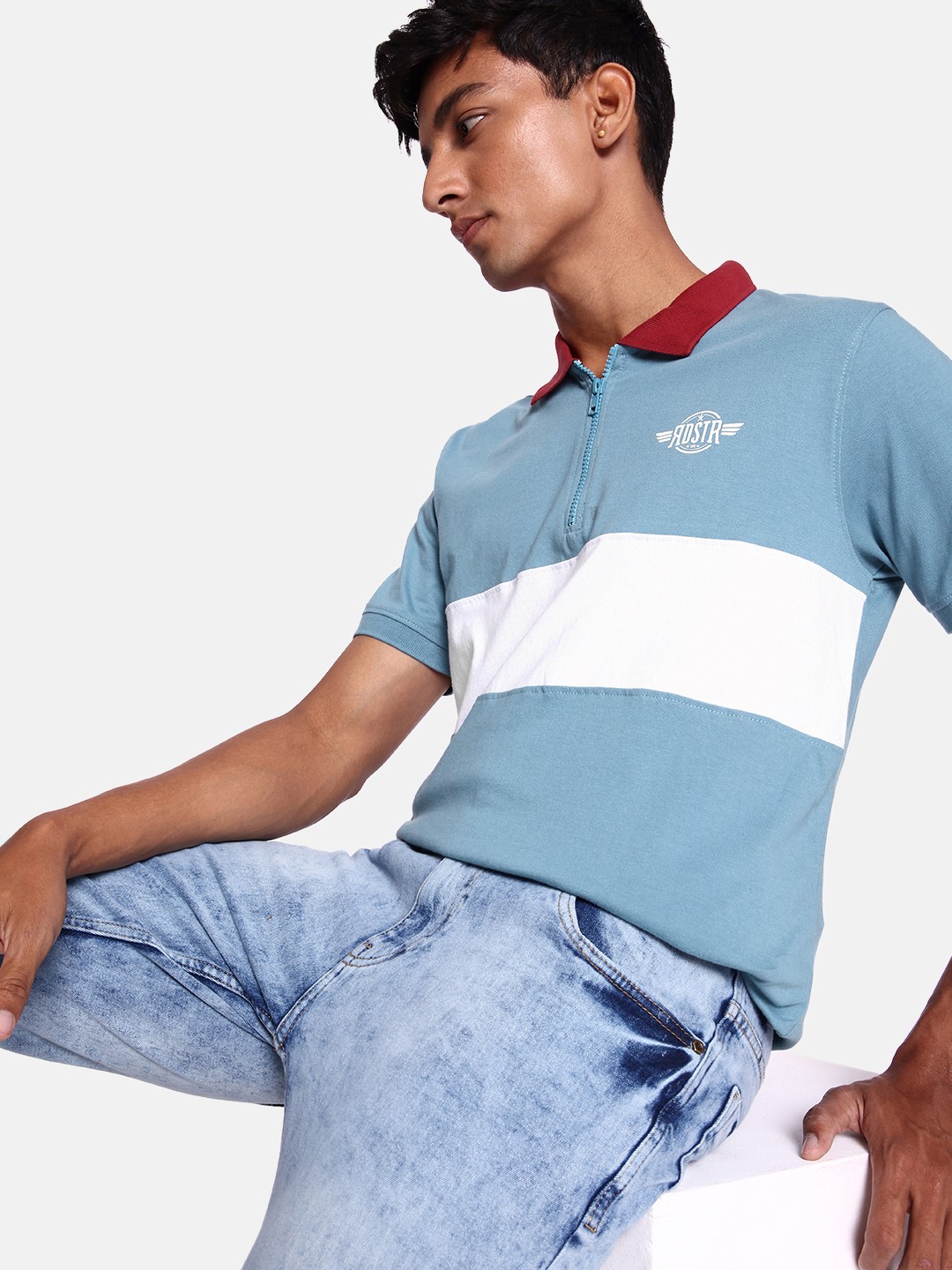 

The Roadster Lifestyle Co. Men Pure Cotton Colourblocked Polo Collar T-shirt, Blue