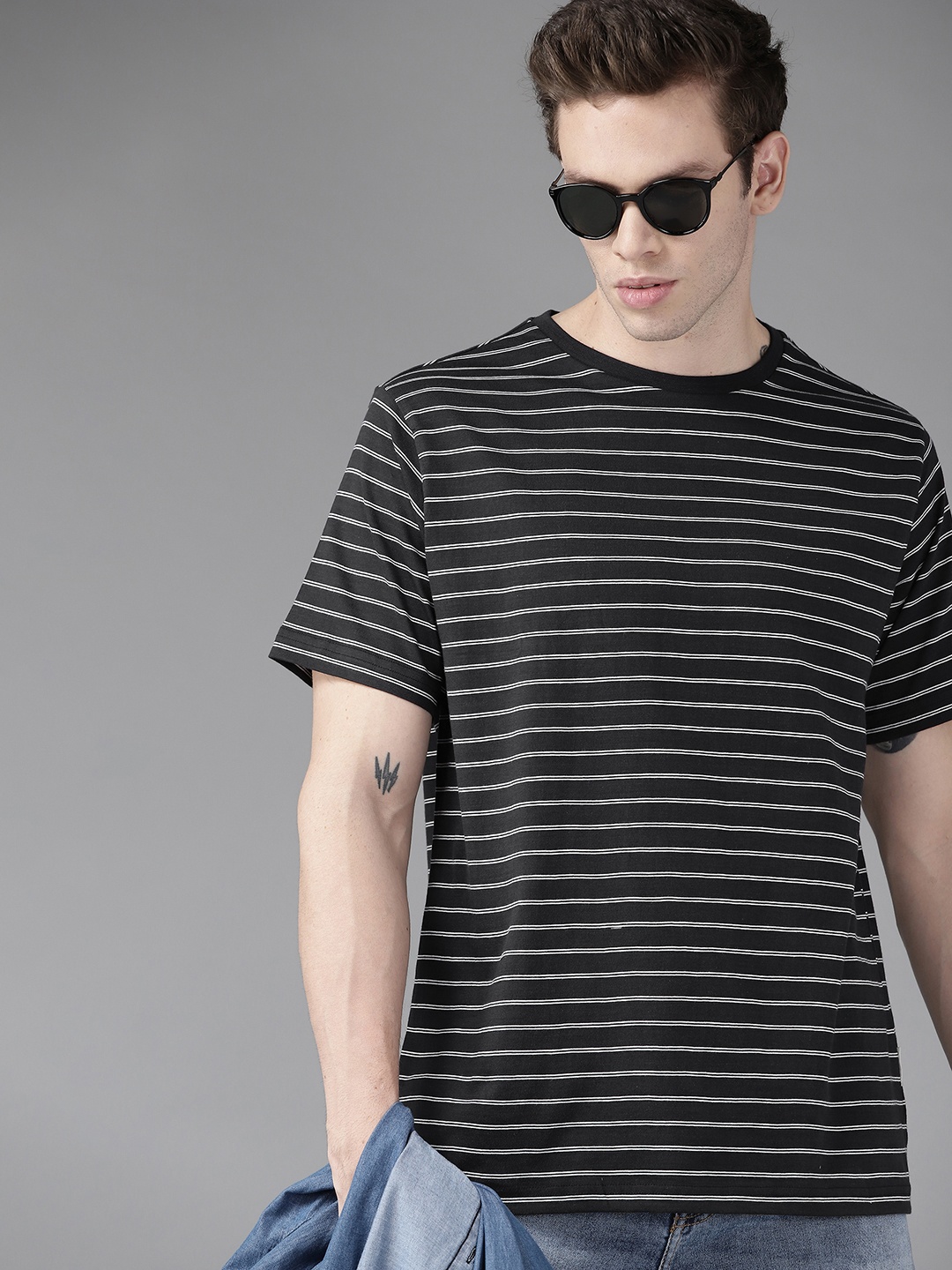 

Roadster Men Black & White Striped Pure Cotton T-shirt