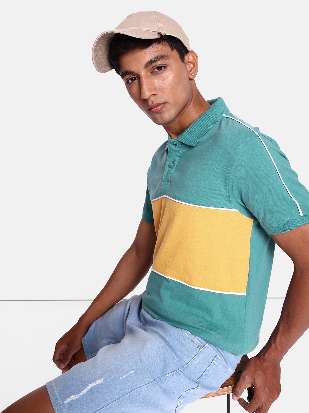 

The Roadster Lifestyle Co. Striped Polo Collar Pure Cotton T-shirt, Turquoise blue