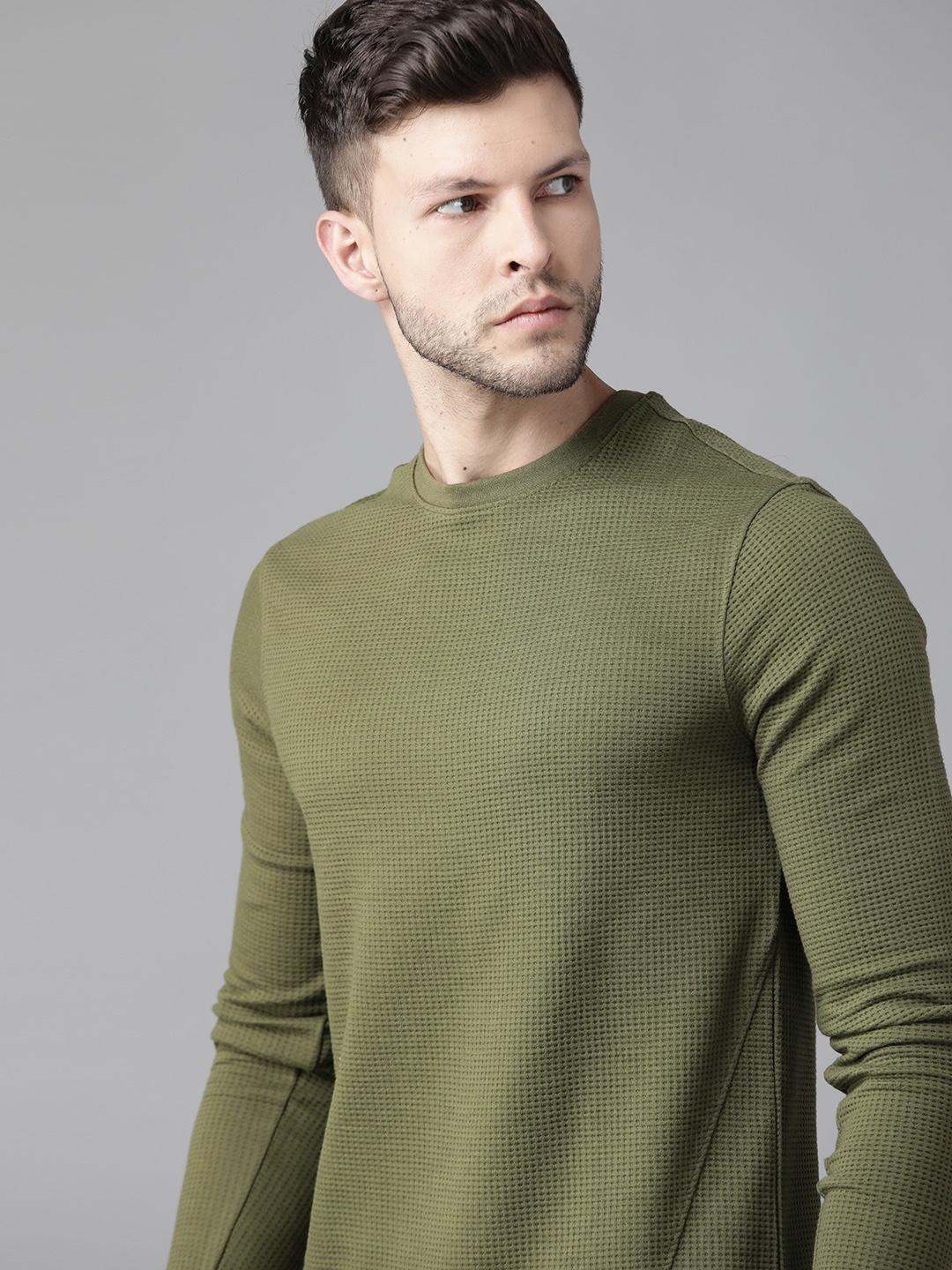 

Roadster Men Olive Green Waffle Texture T-shirt