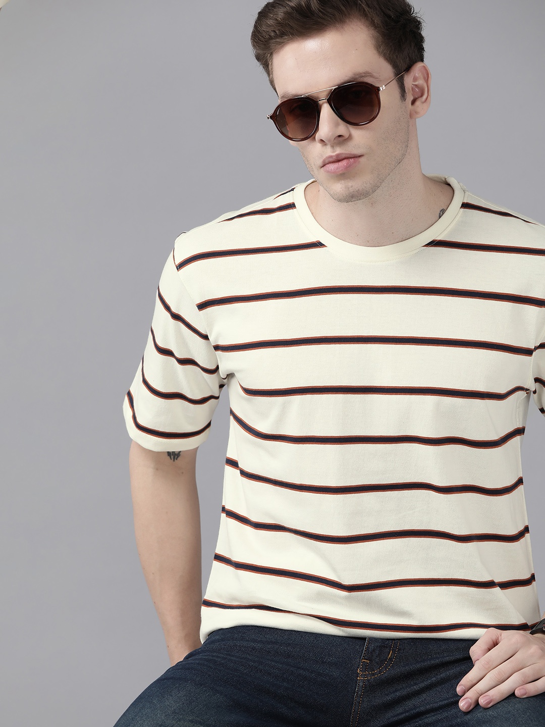 

Roadster Men Cream-Coloured & Navy Blue Striped Pure Cotton Boxy T-shirt