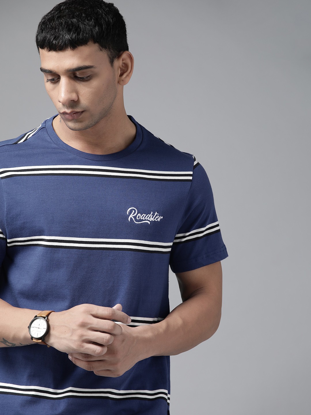 

Roadster Men Blue & White Striped Pure Cotton T-shirt