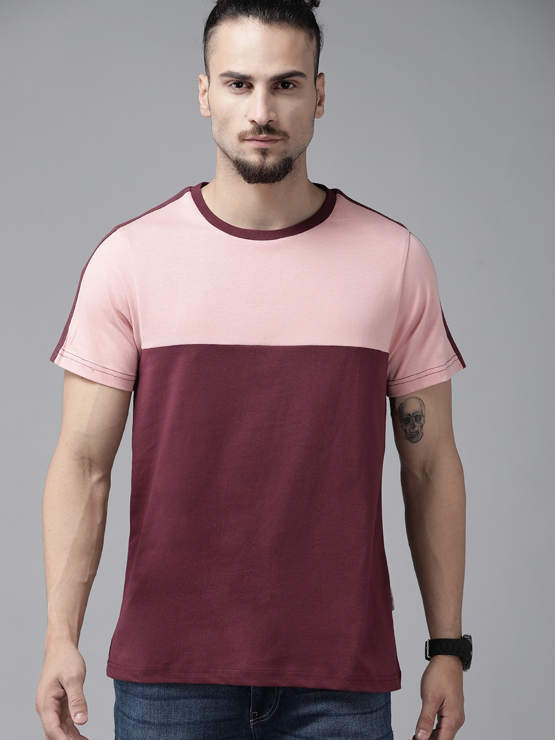 

Roadster Men Peach-Coloured & Burgundy Colourblocked Pure Cotton T-shirt
