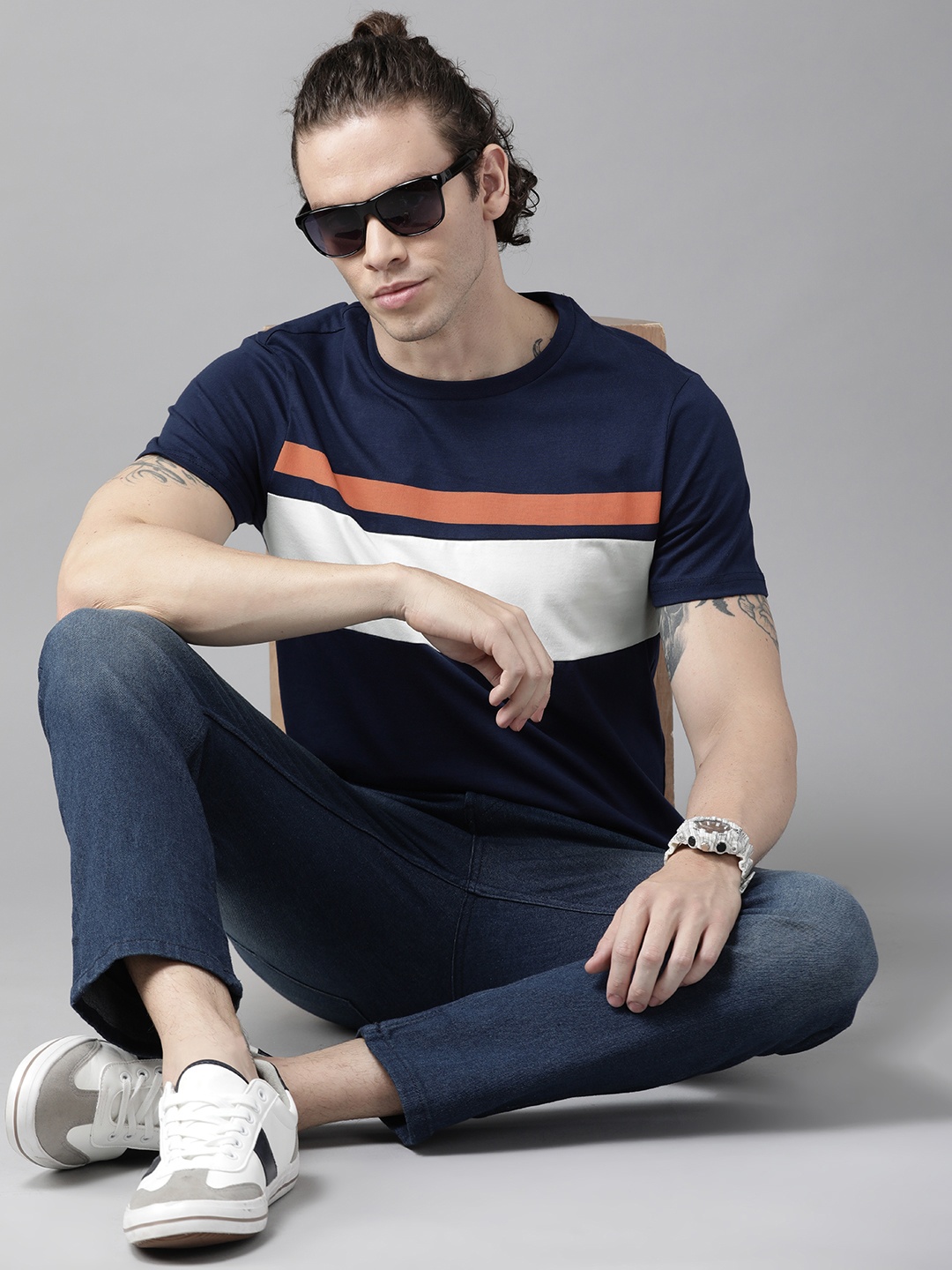 

Roadster Men Navy Blue & White Striped Pure Cotton T-shirt