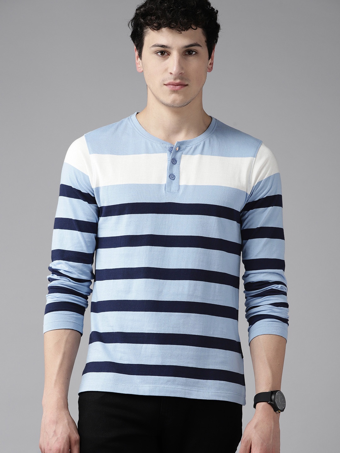 

The Roadster Lifestyle Co. Striped Henley Neck Pure Cotton T-shirt, Blue