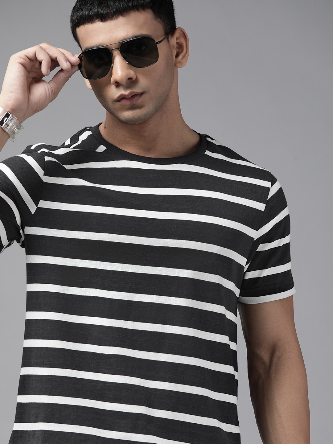 

Roadster Men Black & White Striped Monochrome Pure Cotton T-shirt