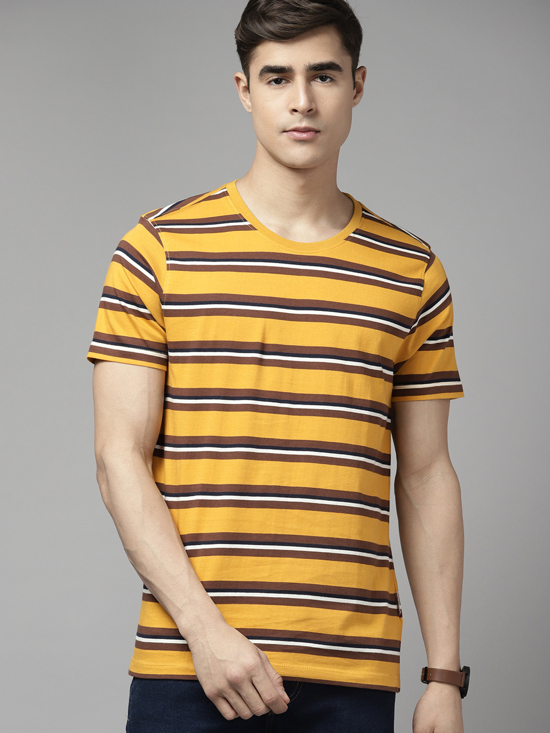 

The Roadster Lifestyle Co. Striped Pure Cotton T-shirt, Mustard