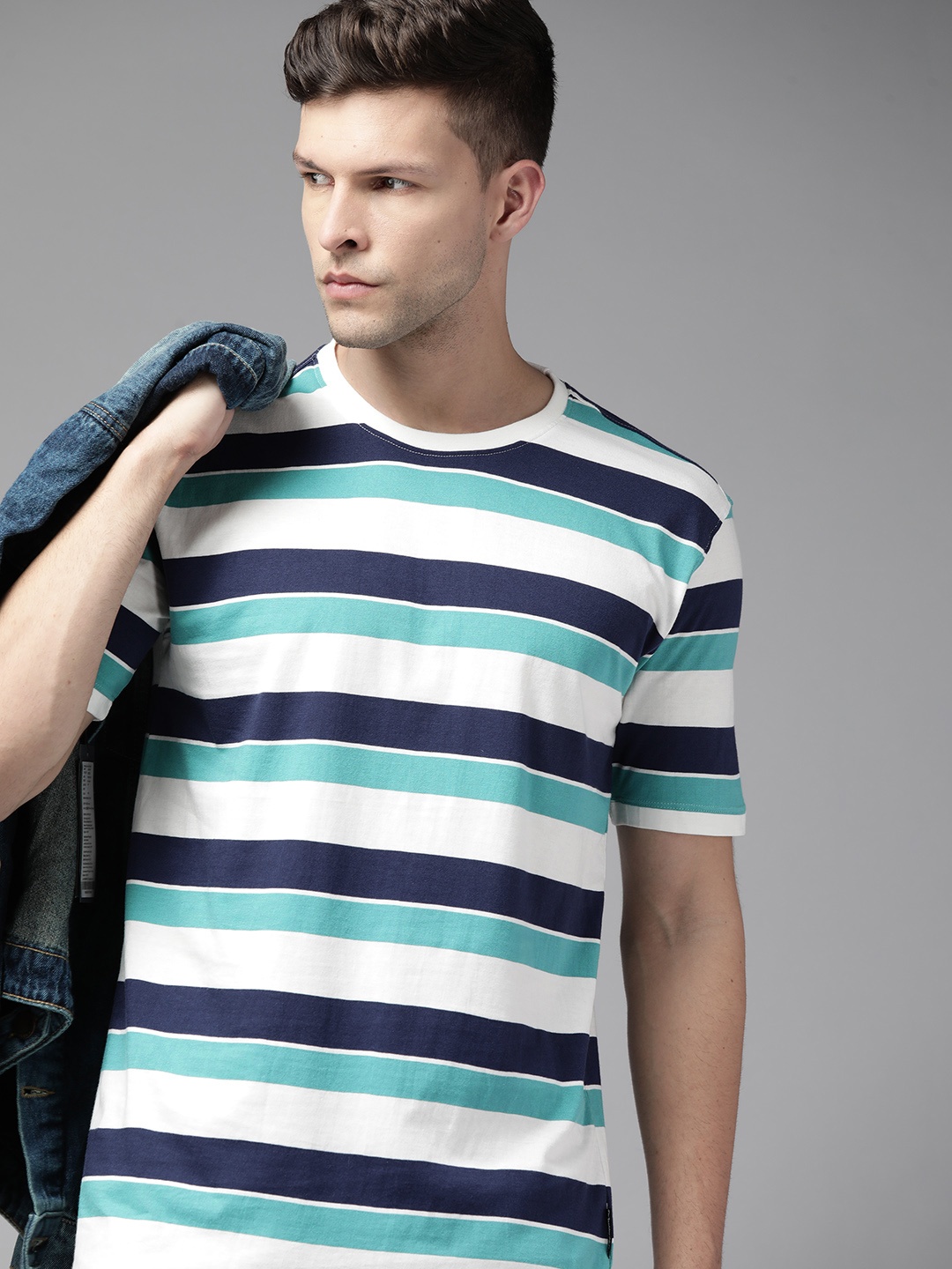 

The Roadster Lifestyle Co. Men White & Navy Blue Striped Pure Cotton T-shirt