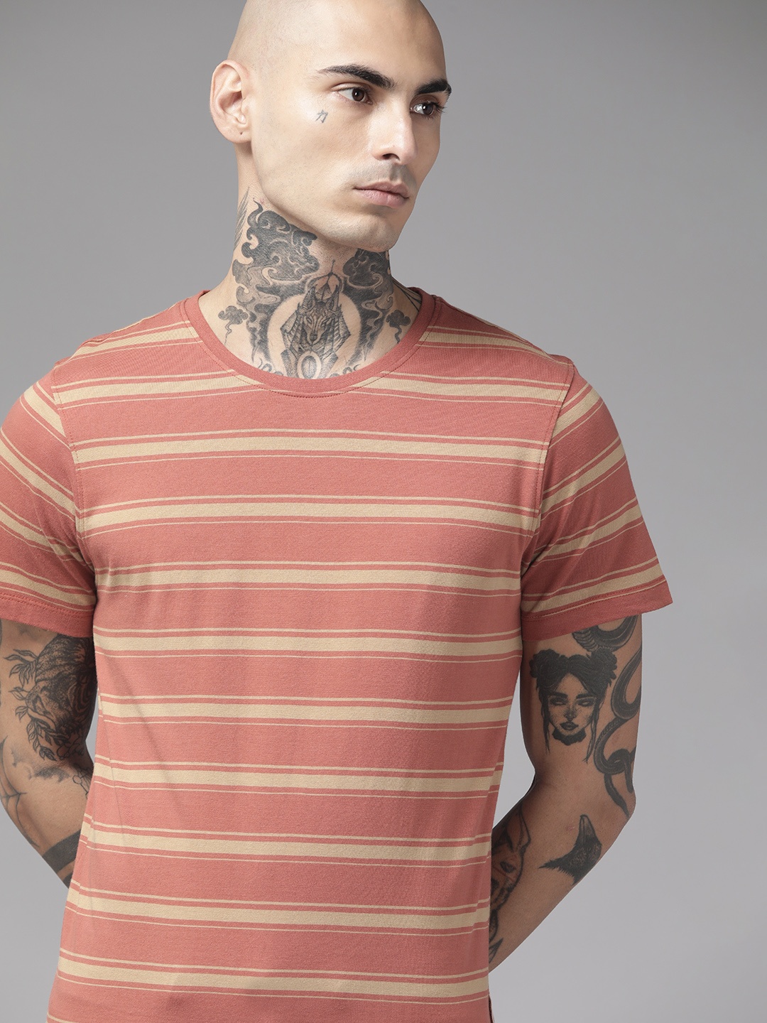 

The Roadster Lifestyle Co. Men Peach-Coloured & Beige Striped Pure Cotton T-shirt
