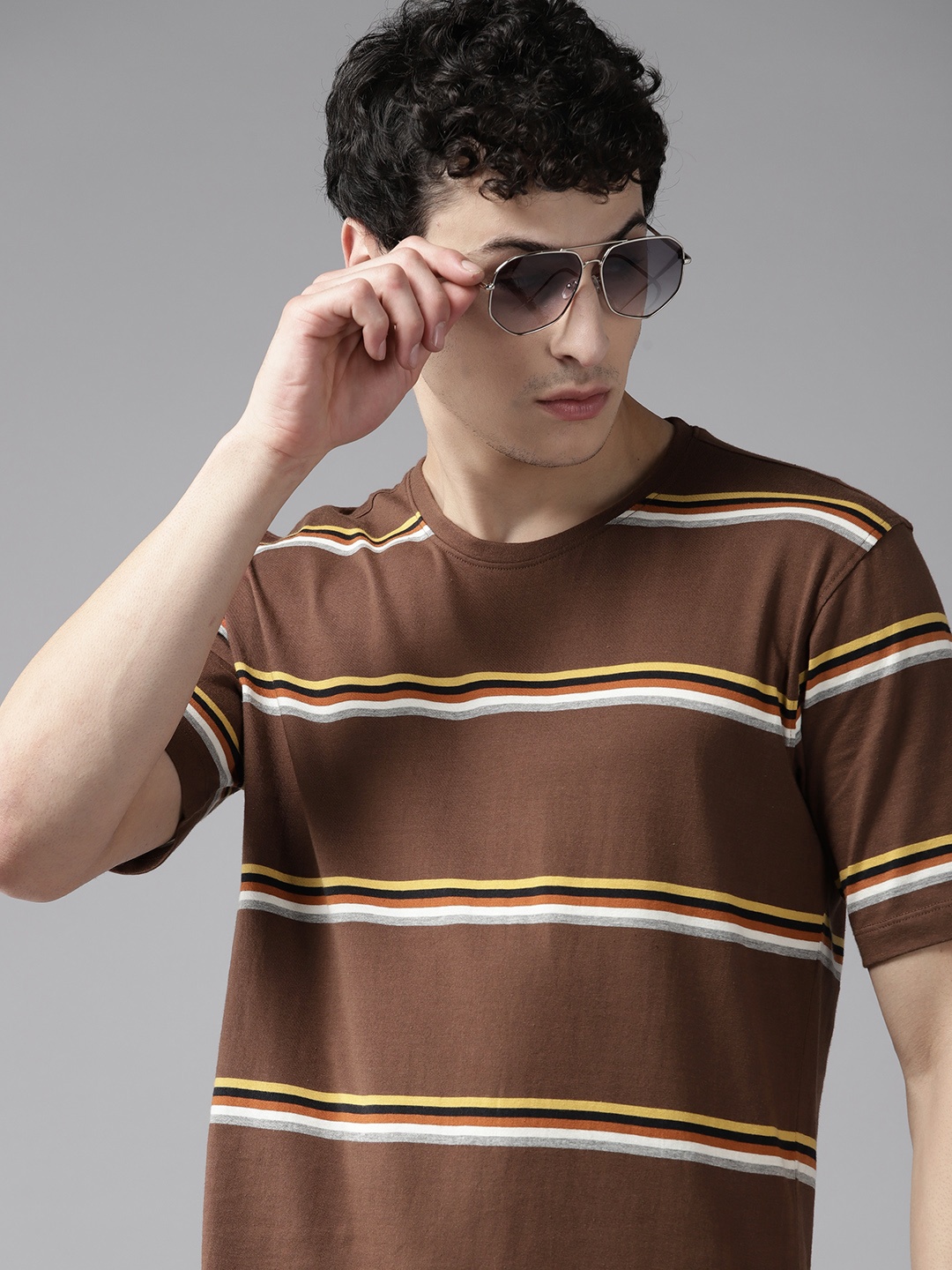 

The Roadster Lifestyle Co. Striped Pure Cotton T-shirt, Brown