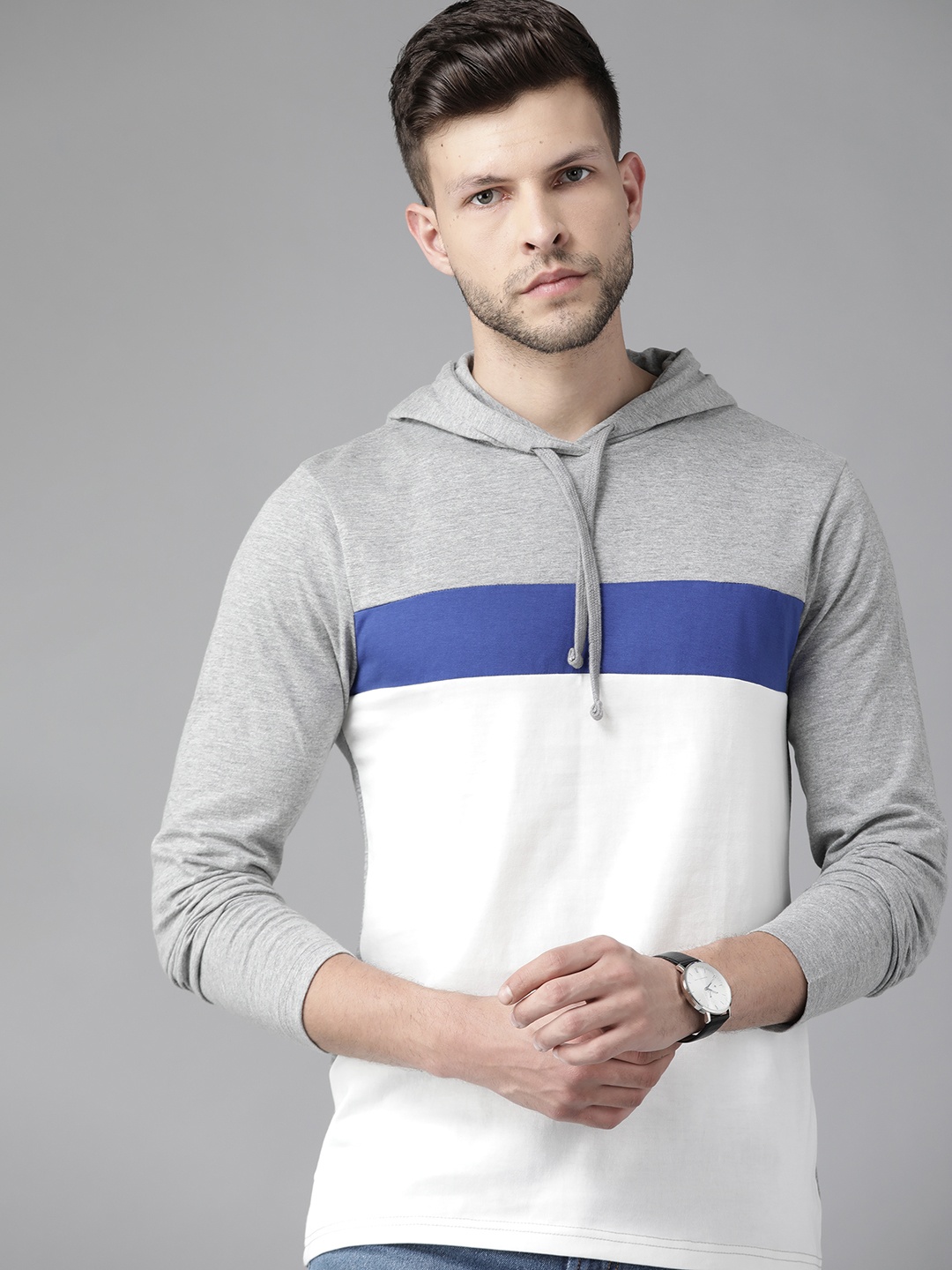 

Roadster Men Grey Melange & White Colourblocked Pure Cotton T-shirt