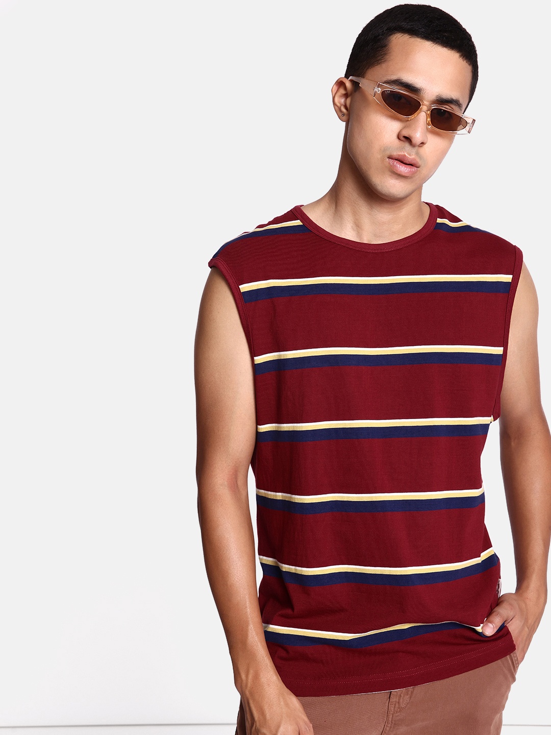 

The Roadster Lifestyle Co. Pure Cotton Striped T-shirt, Maroon