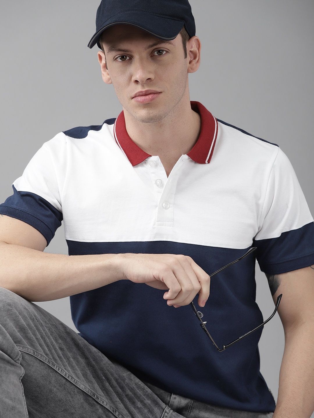 

Roadster Men Navy Blue & White Colourblocked Polo Collar Pure Cotton T-shirt