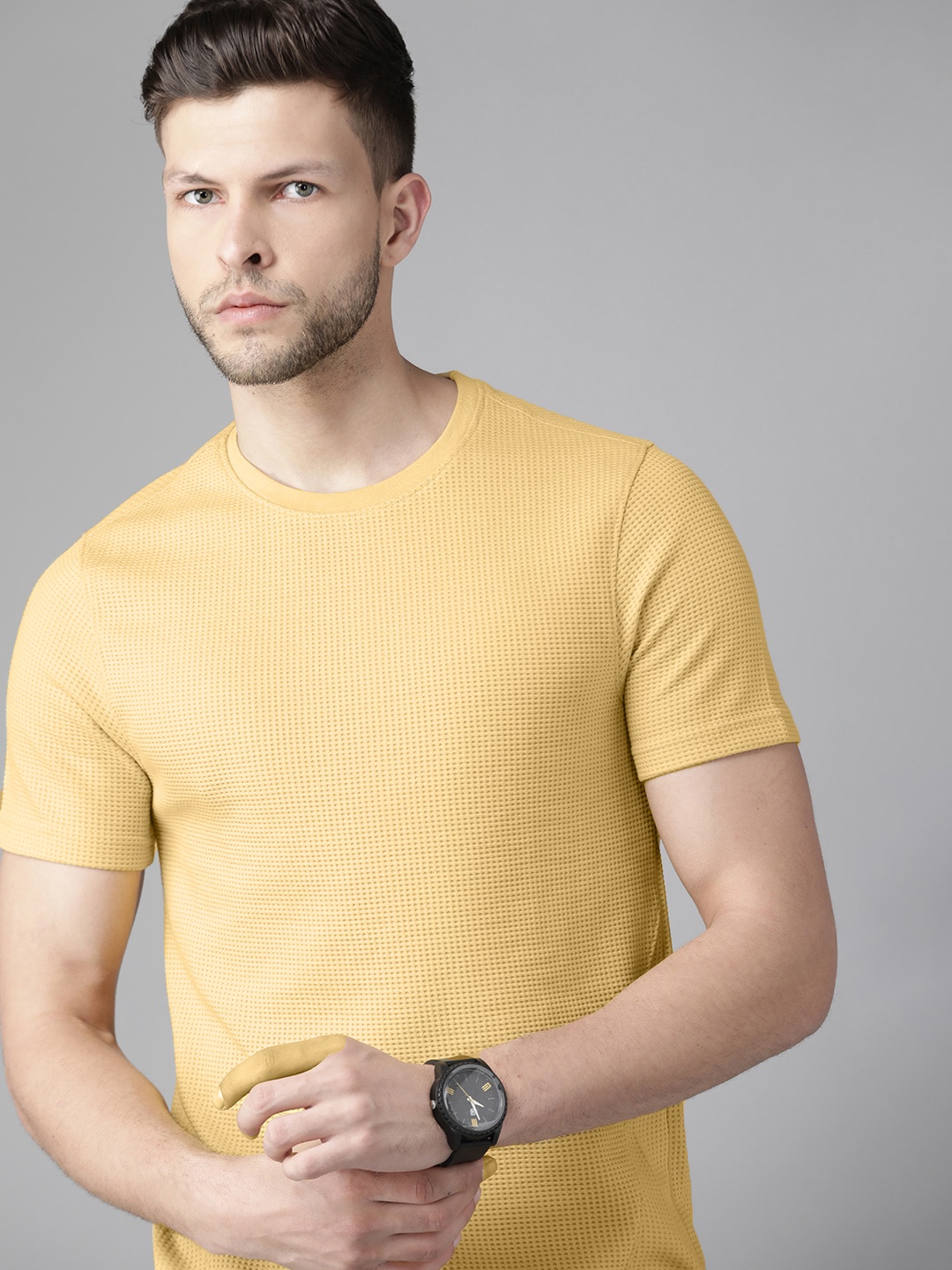 

Roadster Men Yellow Waffle Texture T-shirt