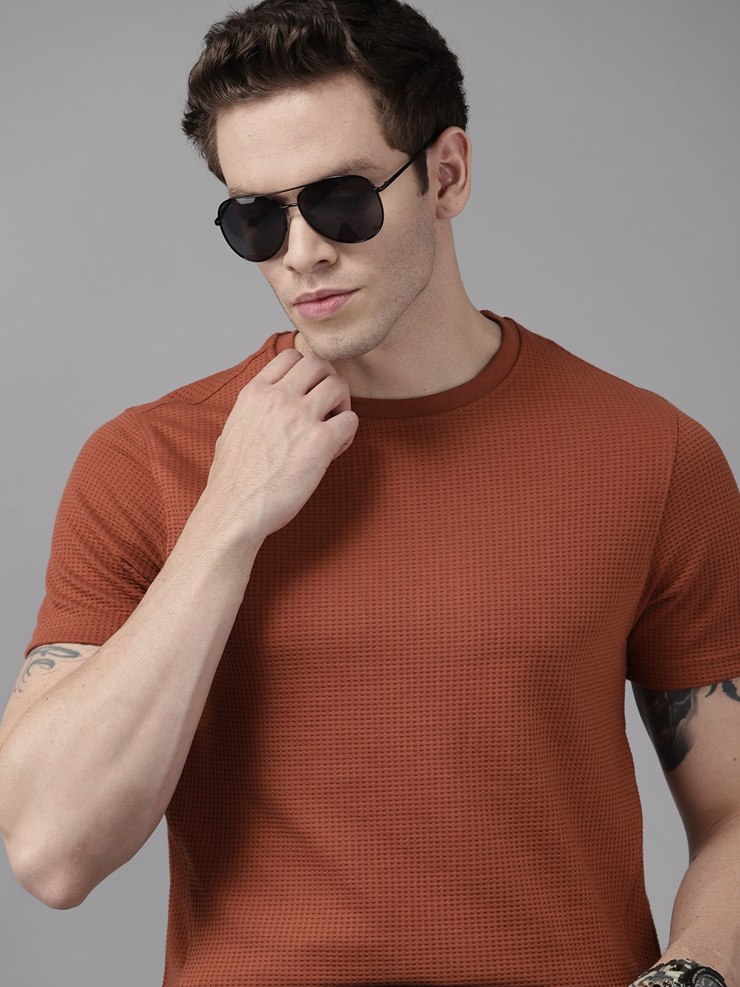 

Roadster Men Rust Orange Checked Waffle Weave T-shirt