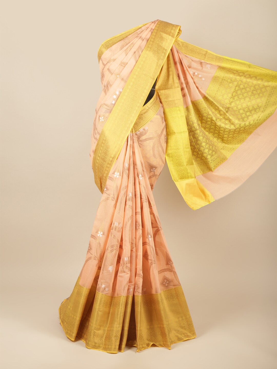 

Pothys Peach-Coloured & Yellow Woven Design Zari Pure Cotton Saree