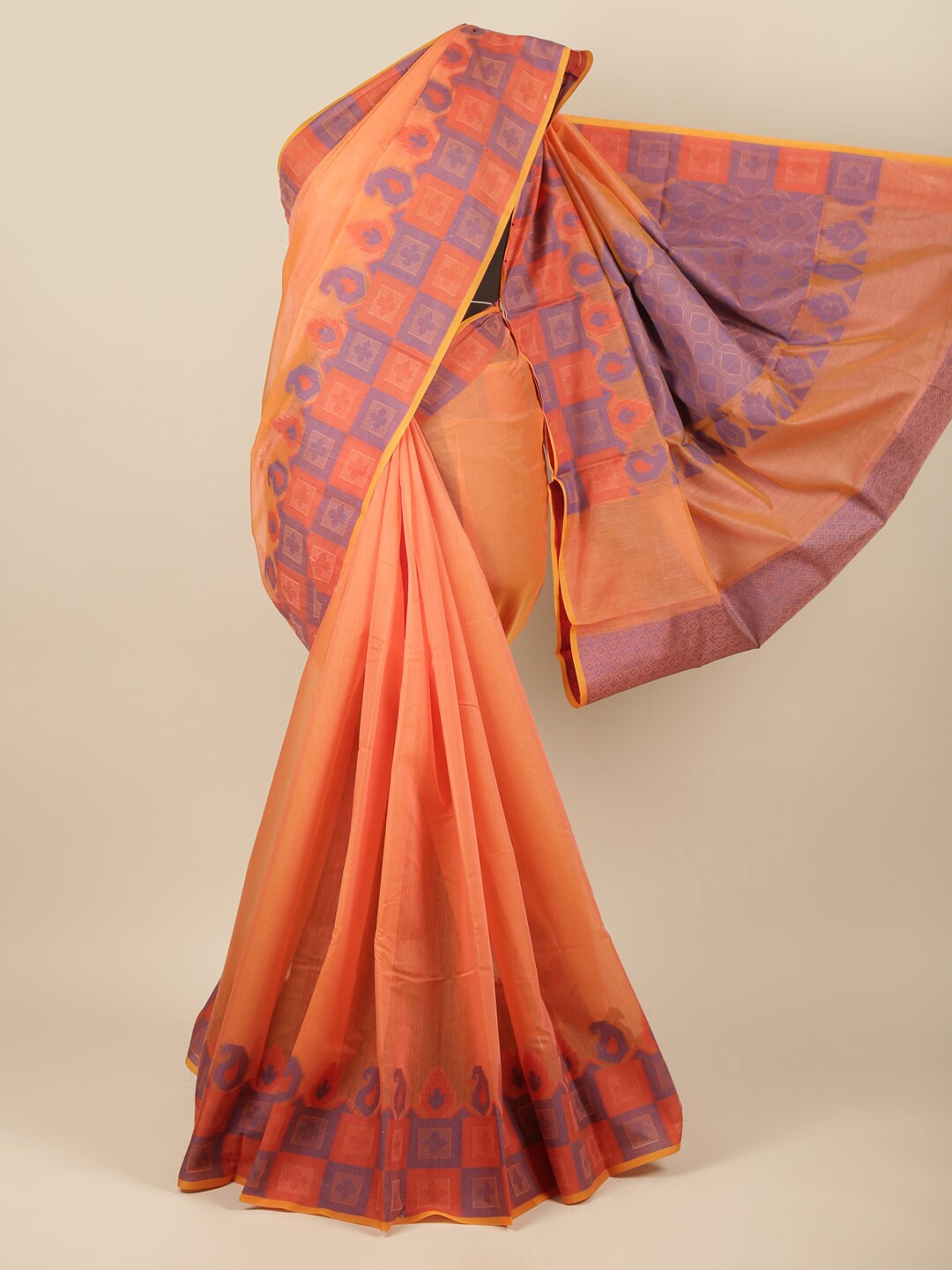 

Pothys Orange & Purple Woven Design Zari Cotton Blend Saree
