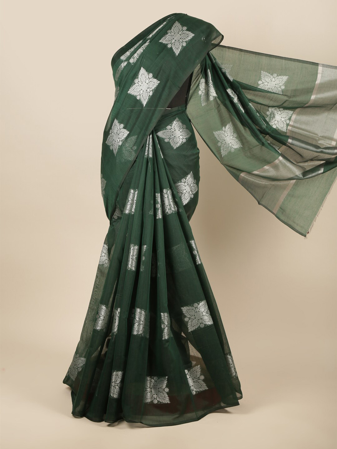 

Pothys Green & Silver-Toned Woven Design Zari Saree