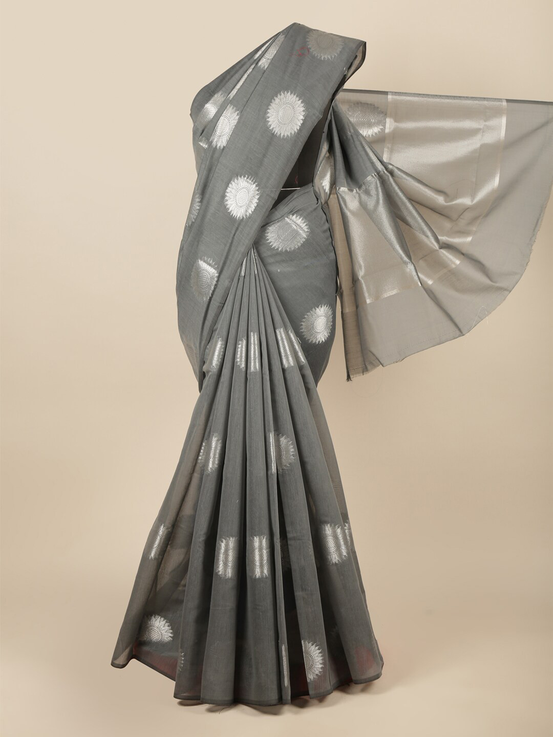 

Pothys Grey & Silver-Toned Ethnic Motifs Woven Design Saree