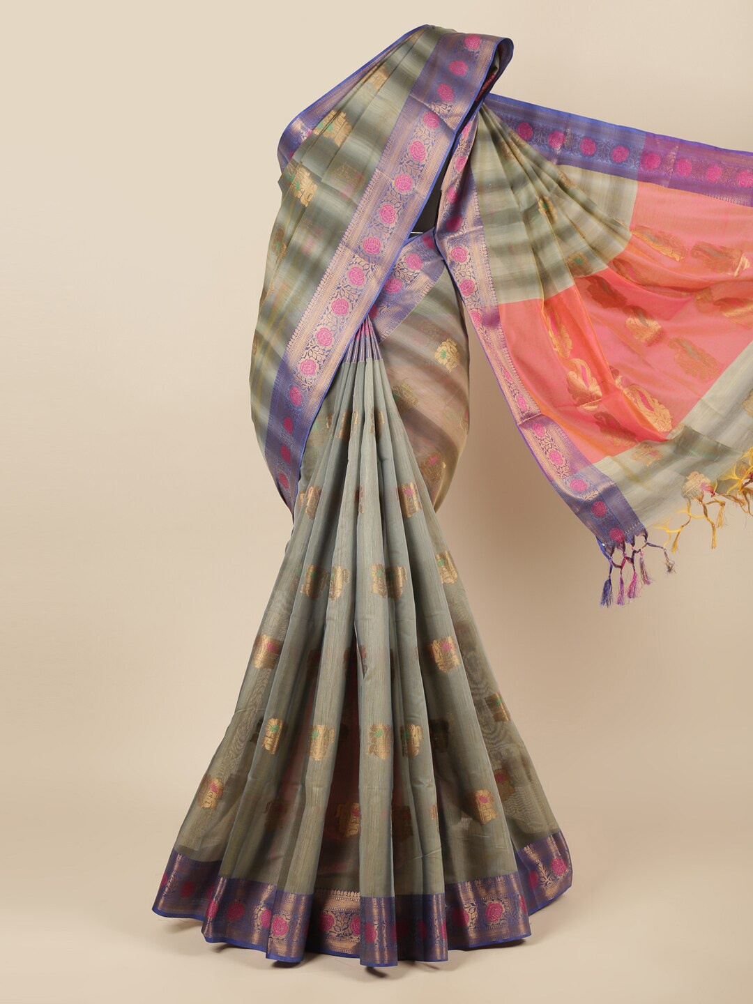 

Pothys Grey & Purple Floral Zari Saree