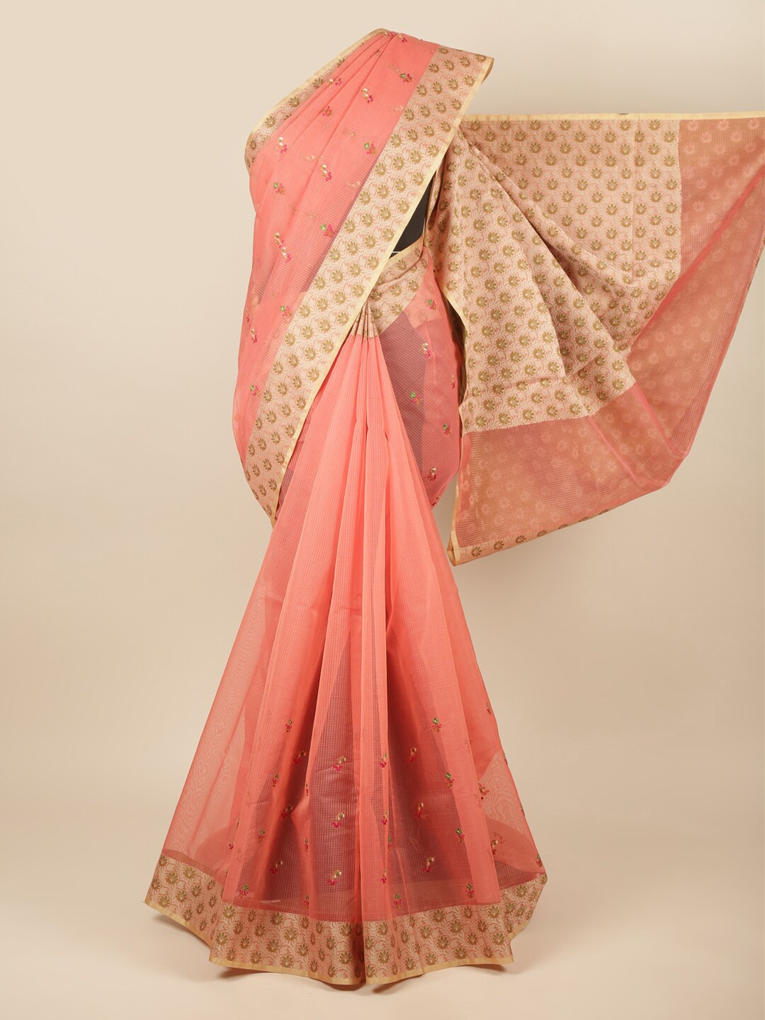 

Pothys Peach-Coloured & Cream-Coloured Floral Zari Cotton Blend Saree