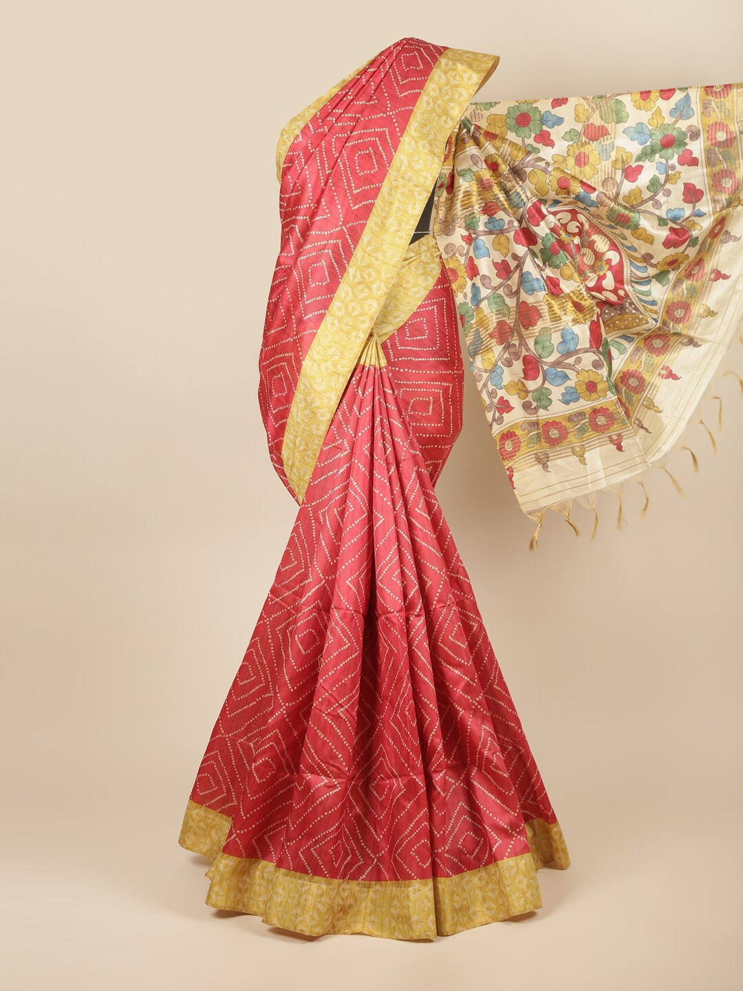 

Pothys Red & Yellow Floral Jute Silk Saree