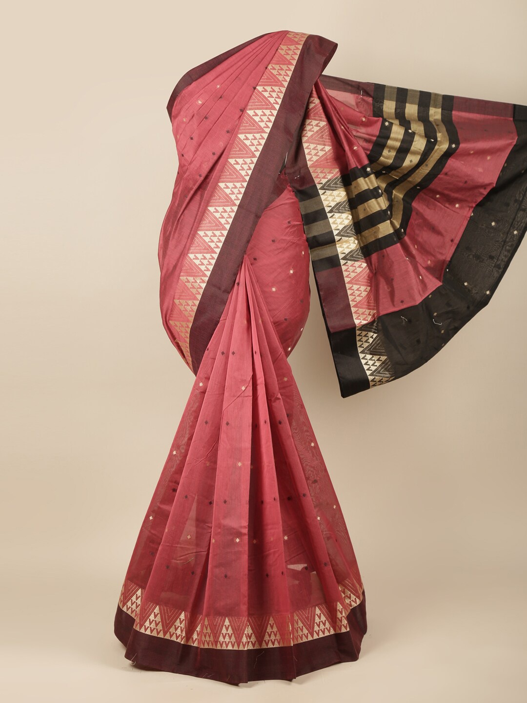 

Pothys Pink, Gold-Toned & Coffee Brown Saree