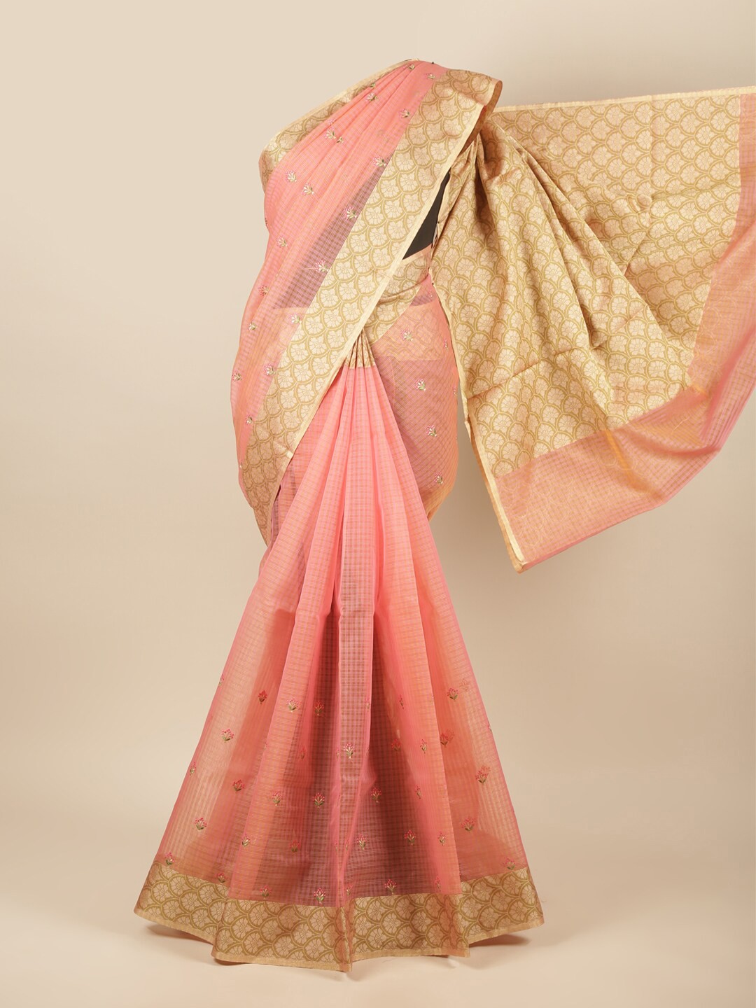 

Pothys Peach-Coloured & Gold-Toned Ethnic Motifs Embroidered Manipuri Cotton Saree