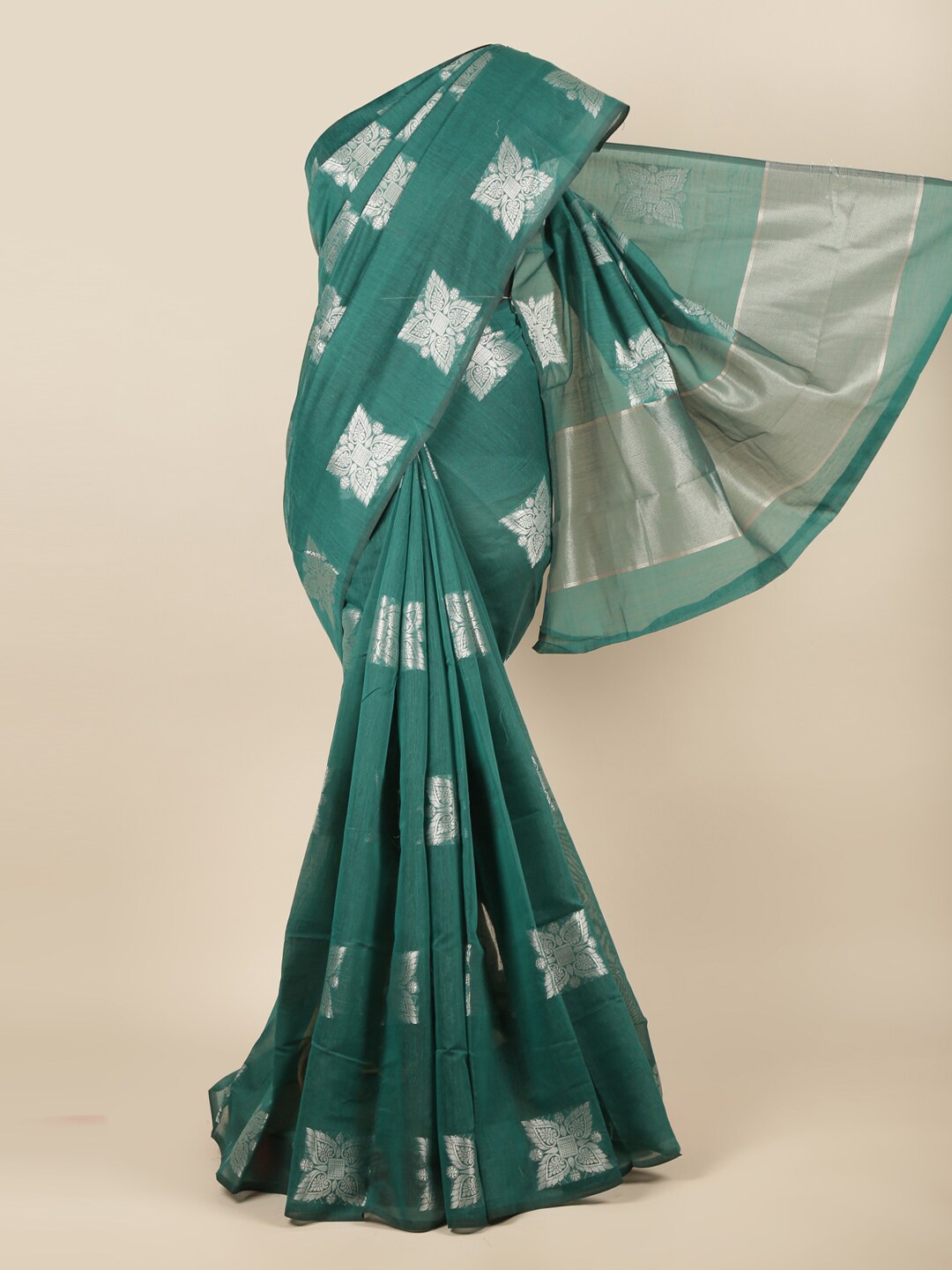 

Pothys Green & Silver-Toned Ethnic Motifs Saree