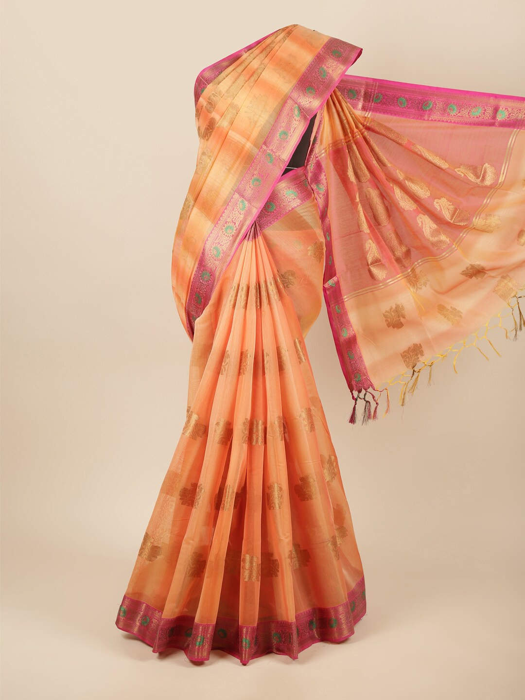 

Pothys Peach-Coloured & Pink Woven Design Zari Cotton Blend Saree