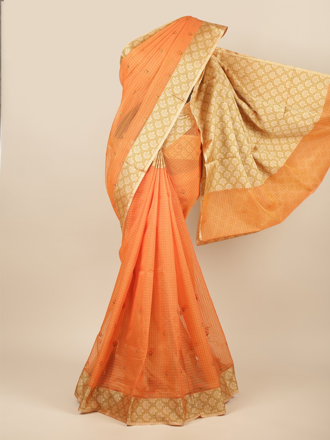 

Pothys Orange & Green Floral Embroidered Saree