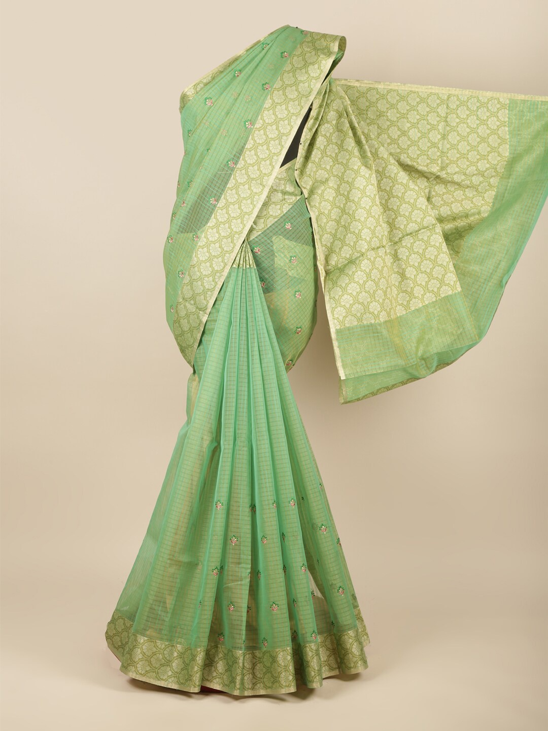

Pothys Green & Gold-Toned Floral Embroidered Saree