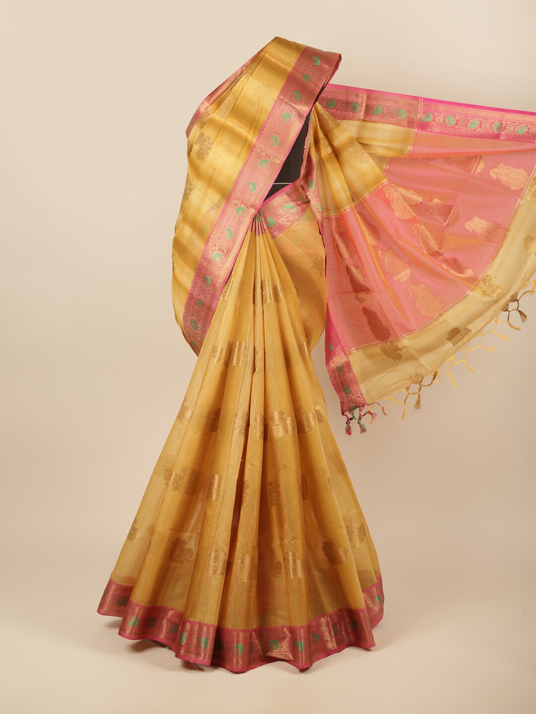 

Pothys Mustard & Peach-Coloured Woven Design Zari Cotton Blend Saree