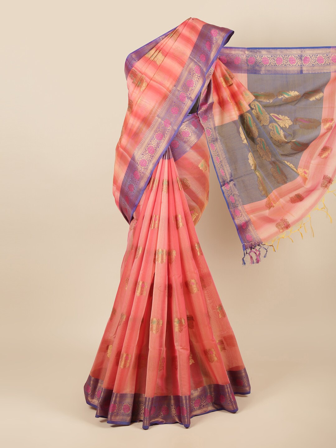 

Pothys Pink & Purple Floral Woven Design Zari Cotton Blend Saree