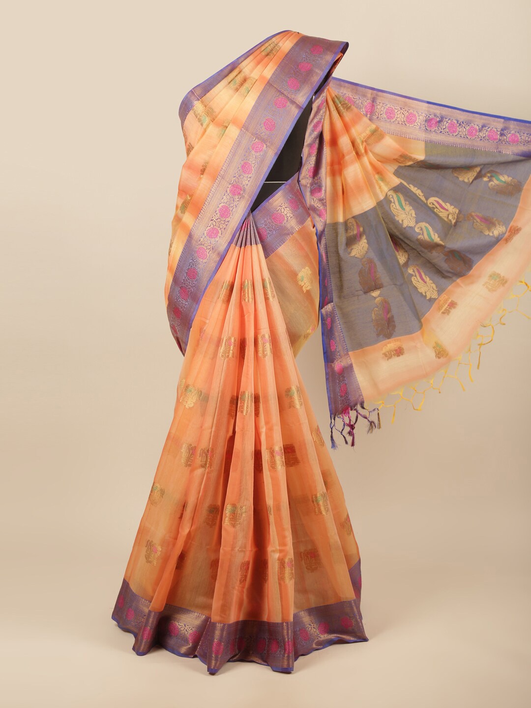 

Pothys Peach-Coloured & Blue Woven Design Zari Cotton Blend Saree