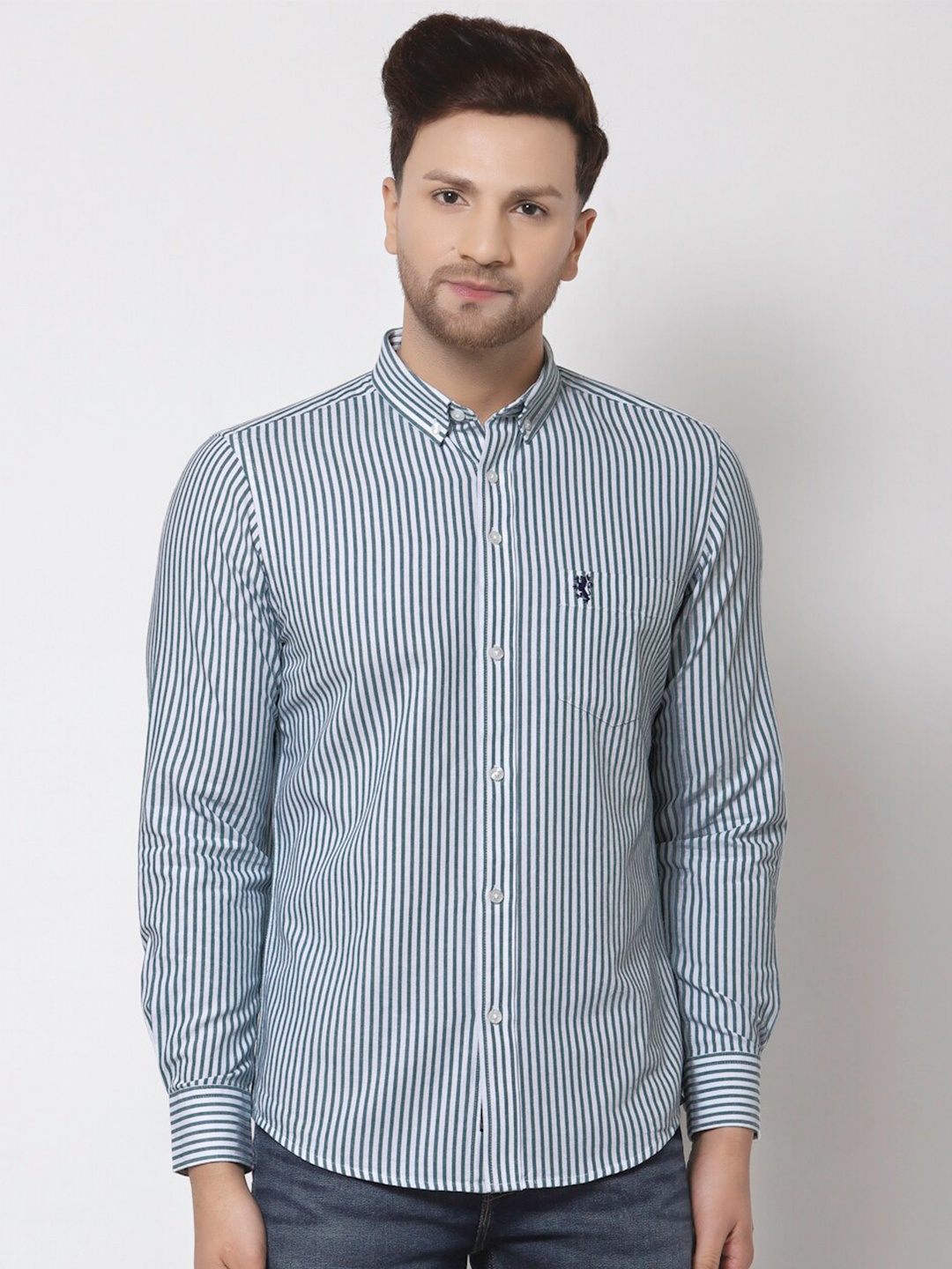 

Red Tape Men Green Striped Pure Cotton Casual Shirt