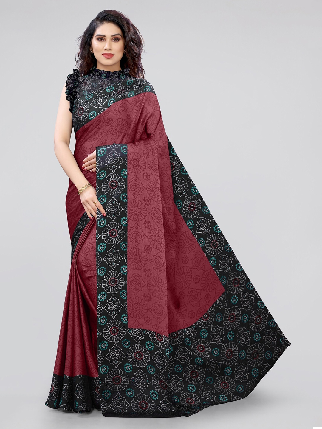 

KALINI Maroon & Black Bandhani Printed Chiffon Saree